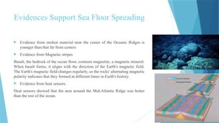 Evidences Support Sea Floor Spreading
 Evidence from molten material near the center of the Oceanic Ridges is
younger than that far from centers
 Evidence from Magnetic stripes
Basalt, the bedrock of the ocean floor, contains magnetite, a magnetic mineral.
When basalt forms, it aligns with the direction of the Earth's magnetic field.
The Earth's magnetic field changes regularly, so the rocks' alternating magnetic
polarity indicates that they formed at different times in Earth's history.
 Evidence from heat sensors.
Heat sensors showed that the area around the Mid-Atlantic Ridge was hotter
than the rest of the ocean.
 
