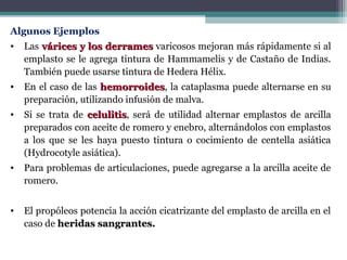 Algunos Ejemplos
• Las várices y los derramesvárices y los derrames varicosos mejoran más rápidamente si al
emplasto se le agrega tintura de Hammamelis y de Castaño de Indias.
También puede usarse tintura de Hedera Hélix.
• En el caso de las hemorroideshemorroides, la cataplasma puede alternarse en su
preparación, utilizando infusión de malva.
• Si se trata de celulitiscelulitis, será de utilidad alternar emplastos de arcilla
preparados con aceite de romero y enebro, alternándolos con emplastos
a los que se les haya puesto tintura o cocimiento de centella asiática
(Hydrocotyle asiática).
• Para problemas de articulaciones, puede agregarse a la arcilla aceite de
romero.
• El propóleos potencia la acción cicatrizante del emplasto de arcilla en el
caso de heridas sangrantes.heridas sangrantes.
 