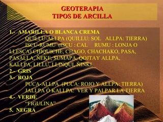 1.- AMARILLA O BLANCA CREMA
QUILLU-ALLPA (QUILLU: SOL ALLPA: TIERRA)
ISCU-RUMU (ISCU : CAL RUMU : LONJA O
LLESCA) CHIQUICHE, CHAGO, CHACHAKO, PASA,
PASALLA, ÑEKE, SUMAPA, QOJTAY ALLPA,
KALLPA, LILLU, LLINQUI, ÑINKI.
2.- GRIS
3.- ROJA
PUCA-ALLPA (PUCA: ROJO Y ALLPA: TIERRA)
JALLPA Ó KALLPA: VER Y PALPAR LA TIERRA
4.- VERDE
“FIGULINA”
5. NEGRA
GEOTERAPIAGEOTERAPIA
TIPOS DE ARCILLATIPOS DE ARCILLA
 