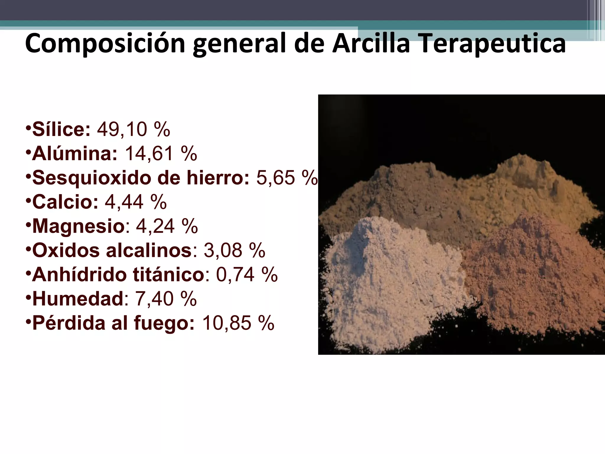 Composición general de Arcilla Terapeutica

•Sílice: 49,10 %
•Alúmina: 14,61 %
•Sesquioxido de hierro: 5,65 %
•Calcio: 4,44 %
•Magnesio: 4,24 %
•Oxidos alcalinos: 3,08 %
•Anhídrido titánico: 0,74 %
•Humedad: 7,40 %
•Pérdida al fuego: 10,85 %
 