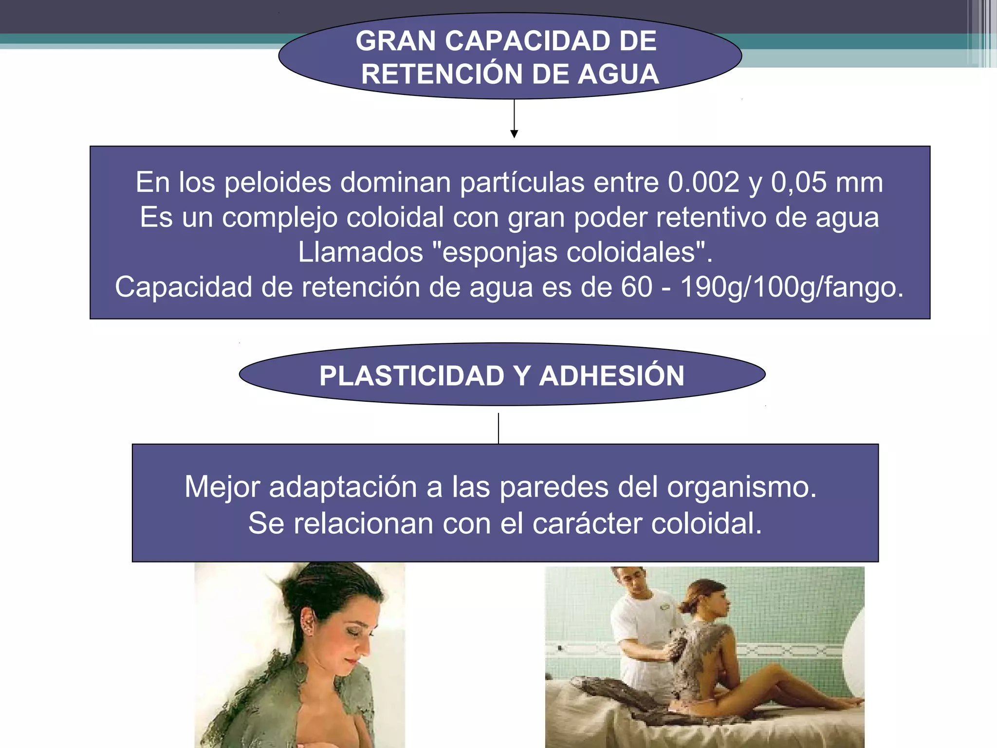 GRAN CAPACIDAD DE
                 RETENCIÓN DE AGUA


 En los peloides dominan partículas entre 0.002 y 0,05 mm
 Es un complejo coloidal con gran poder retentivo de agua
              Llamados "esponjas coloidales".
Capacidad de retención de agua es de 60 - 190g/100g/fango.


               PLASTICIDAD Y ADHESIÓN



     Mejor adaptación a las paredes del organismo.
         Se relacionan con el carácter coloidal.
 