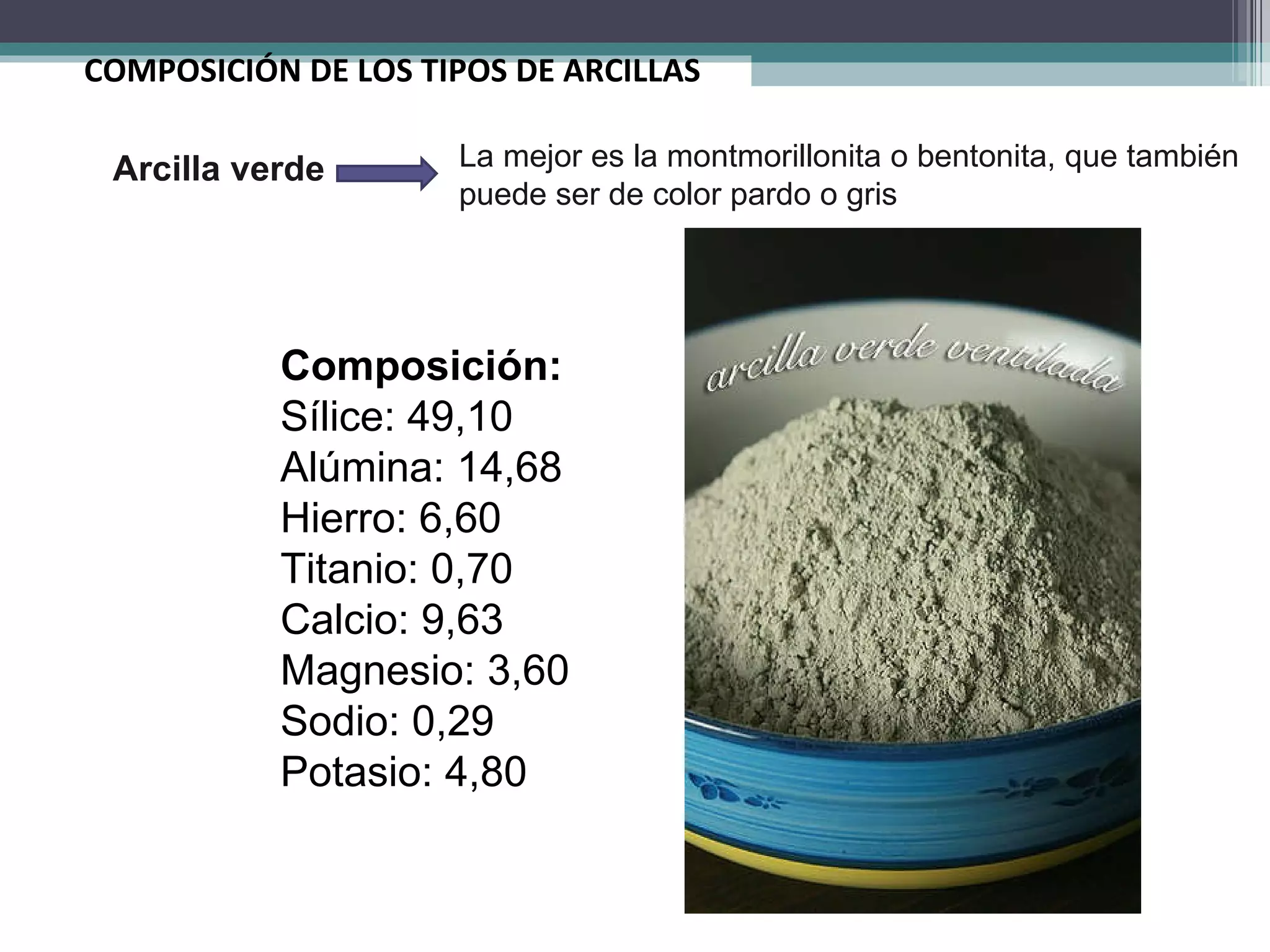 COMPOSICIÓN DE LOS TIPOS DE ARCILLAS  Composición:  Sílice: 49,10 Alúmina: 14,68 Hierro: 6,60 Titanio: 0,70 Calcio: 9,63  Magnesio: 3,60 Sodio: 0,29 Potasio: 4,80 Arcilla verde   La mejor es la montmorillonita o bentonita, que también puede ser de color pardo o gris 