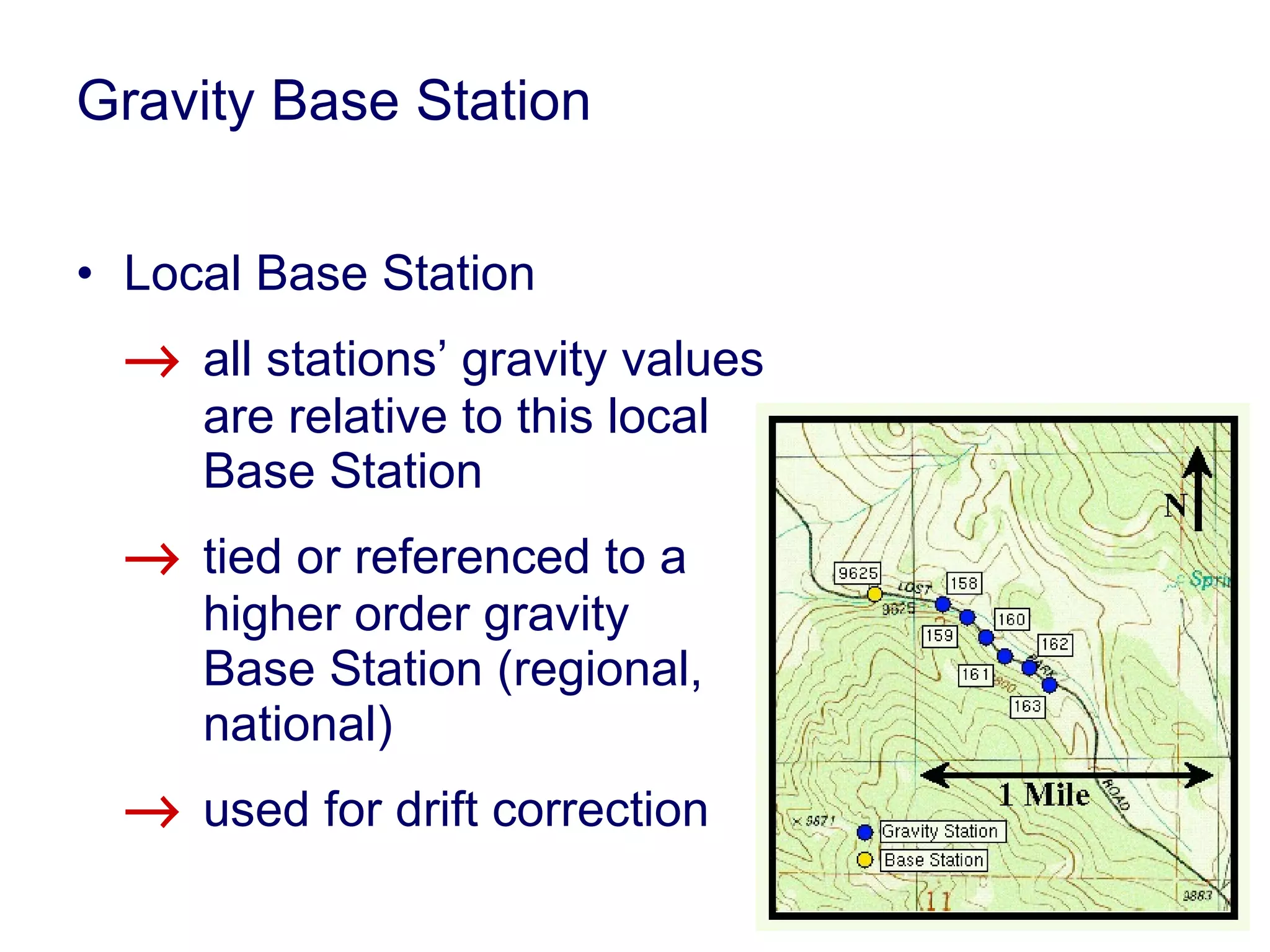Gravity  Base Station Local Base Station  all stations’ gravity values are relative to this local Base Station  tied or referenced to a  higher order gravity  Base Station (regional, national)  used for drift correction 