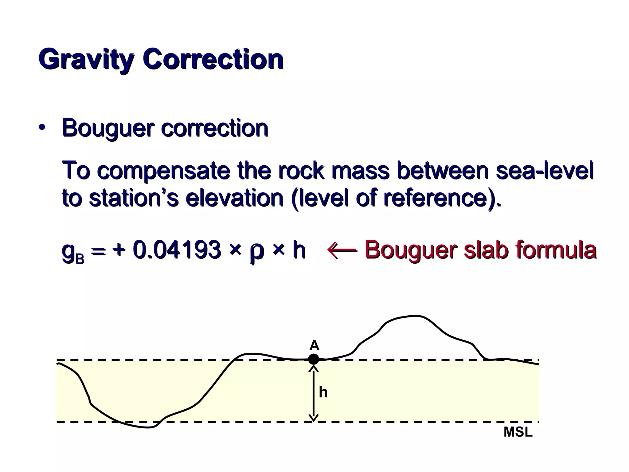 Gravity Correction Bouguer correction  To compensate the rock mass between sea-level to station’s elevation (level of reference).  g B     + 0.04193  ×      ×  h    Bouguer slab formula A MSL h 