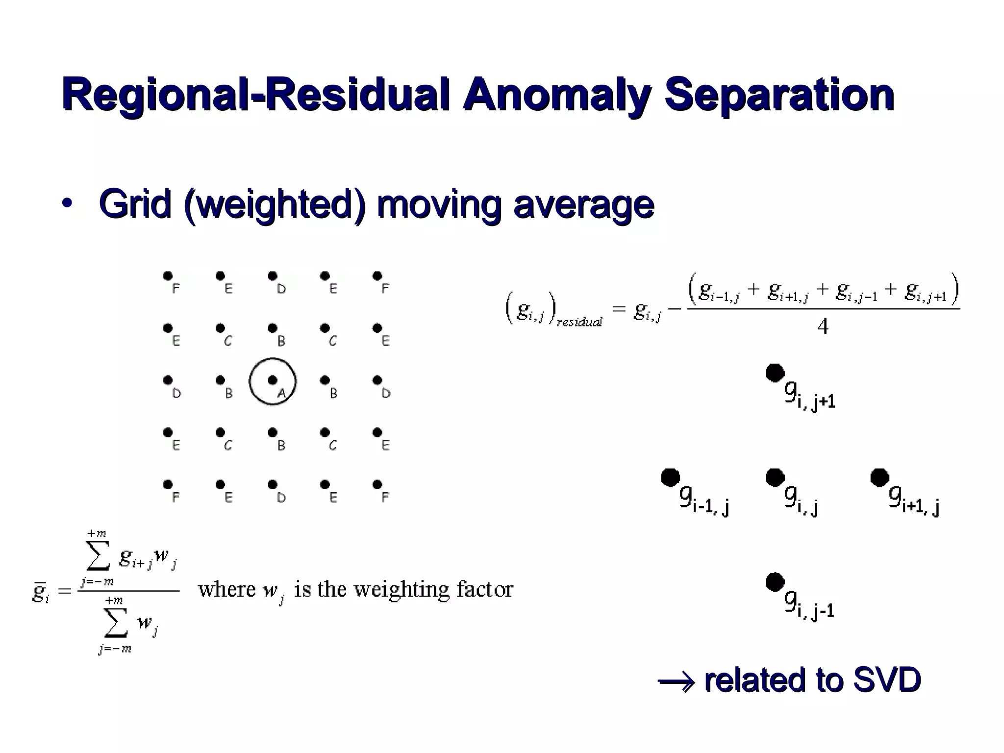 Regional-Residual Anomaly Separation Grid (weighted) moving average       related to SVD 