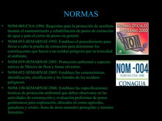 NORMAS
• NOM-004-CNA-1996: Requisitos para la protección de acuíferos
durante el mantenimiento y rehabilitación de pozos de extracción
de agua y para el cierre de pozos en general.
• NOM-053-SEMARNAT-1993: Establece el procedimiento para
llevar a cabo la prueba de extracción para determinar los
constituyentes que hacen a un residuo peligroso por su toxicidad
al ambiente.
• NOM-059-SEMARNAT-2001: Protección ambiental a especies
nativas de México de flora y fauna silvestres.
• NOM-052-SEMARNAT-2005: Establece las características,
identificación, clasificación y los listados de los residuos
peligrosos.
• NOM-150-SEMARNAT-2006: Establece las especificaciones
técnicas de protección ambiental que deben observarse en las
actividades de construcción y evaluación preliminar de pozos
geotérmicos para exploración, ubicados en zonas agrícolas,
ganaderas y eriales, fuera de áreas naturales protegidas y terrenos
forestales.
 