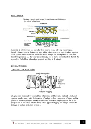 9
BACHELOR OF QUANTITYSURVEYING l CONSTRUCTION TECHNOLOGY 3 l BLD60304
5) FILTRATION
Geotextile is able to retain soil and other fine material ,while allowing water to pass
through .If there were no drainage of water taking place ,movement ,and therefore retention
of soil ,would not be of concern .Filtration occurs through the development of a soil filter
behind the geotextile. As the water passes through, soil is filtered out and collects behind the
geotextiles. As build-up takes place, a natural soil filter is developed.
DISADVANTAGES:
1) GEOTEXTILE CLOGGING
Clogging may be caused by accumulation of chemical and biological materials .Biological
clogging usually occurs with the formation of surface biofilms ,generation of slimes and the
growth of the interconnection of bioconcentrations .Chemical clogging occurs due to the
precipitation of iron oxide onto the fibres .These types of clogging are a major concern for
drainage in leachate-collection systems .
 