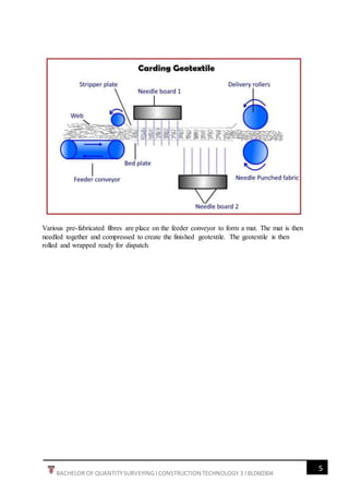5
BACHELOR OF QUANTITYSURVEYING l CONSTRUCTION TECHNOLOGY 3 l BLD60304
Various pre-fabricated fibres are place on the feeder conveyor to form a mat. The mat is then
needled together and compressed to create the finished geotextile. The geotextile is then
rolled and wrapped ready for dispatch.
 