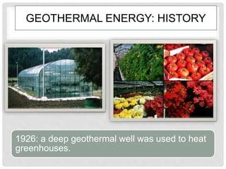 GEOTHERMAL ENERGY: HISTORY
1926: a deep geothermal well was used to heat
greenhouses.
 