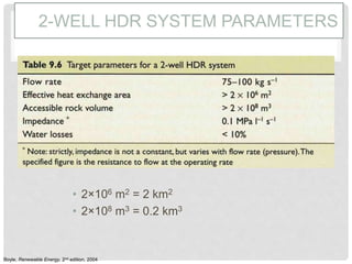 2-WELL HDR SYSTEM PARAMETERS
• 2×106 m2 = 2 km2
• 2×108 m3 = 0.2 km3
Boyle, Renewable Energy, 2nd edition, 2004
 