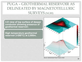 PUGA – GEOTHERMAL RESERVOIR AS
DELINEATED BY MAGNETOTELLURIC
SURVEYS (NGRI)
77
Source: GeoSyndicate Power Private Limited
3-D view of top surface of deeper
conductor showing presence of
geothermal reservoir;
High temperature geothermal
reservoir (>260°C) at 2,000m.
 