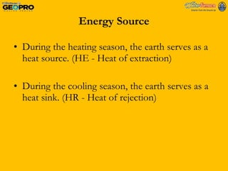 Energy Source During the heating season, the earth serves as a heat source. (HE - Heat of extraction) During the cooling season, the earth serves as a heat sink. (HR - Heat of rejection) 