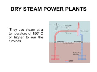 DRY STEAM POWER PLANTS
They use steam at a
temperature of 150º C
or higher to run the
turbines.
 