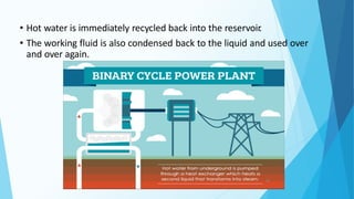 • Hot water is immediately recycled back into the reservoir
.
• The working fluid is also condensed back to the liquid and used over
and over again.
14
 