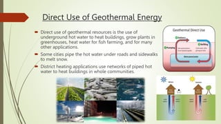 Direct Use of Geothermal Energy
 Direct use of geothermal resources is the use of
underground hot water to heat buildings, grow plants in
greenhouses, heat water for fish farming, and for many
other applications.
 Some cities pipe the hot water under roads and sidewalks
to melt snow.
 District heating applications use networks of piped hot
water to heat buildings in whole communities.
 