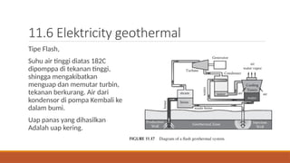 11.6 Elektricity geothermal
Tipe Flash,
Suhu air tinggi diatas 182C
dipomppa di tekanan tinggi,
shingga mengakibatkan
menguap dan memutar turbin,
tekanan berkurang. Air dari
kondensor di pompa Kembali ke
dalam bumi.
Uap panas yang dihasilkan
Adalah uap kering.
 