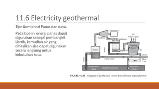 11.6 Electricity geothermal
Tipe Kombinasi Panas dan daya,
Pada tipe ini energi panas dapat
digunakan sebagai pembangkit
Listrik, kemudian air yang
dihasilkan sisa dapat digunakan
secara langsung untuk
kebutuhan kota.
 
