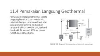11.4 Pemakaian Langsung Geothermal
Pemakaian energi geothermal secara
langsung berkisar 32k – 40k MWt
untuk air hangat, pemanas local, dan
instalasi kecil lainnya. Pemakaian
terbsar di china, swedia, US , Iceland
dan turki. Di Iceland 90% air panas
rumah dari panas bumi.
 