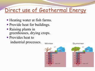 Direct use of Geothermal Energy
 Heating water at fish farms.
 Provide heat for buildings.
 Raising plants in
greenhouses, drying crops.
 Provides heat to
industrial processes.
 