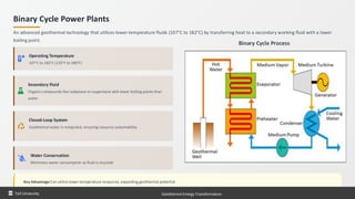 Binary Cycle Power Plants
An advanced geothermal technology that utilizes lower-temperature fluids (107°C to 182°C) by transferring heat to a secondary working fluid with a lower
boiling point.
Operating Temperature
107°C to 182°C (225°F to 360°F)
Secondary Fluid
Organic compounds like isobutane or isopentane with lower boiling points than
water
Closed-Loop System
Geothermal water is reinjected, ensuring resource sustainability
Water Conservation
Minimizes water consumption as fluid is recycled
Binary Cycle Process
Key Advantage:Can utilize lower-temperature resources, expanding geothermal potential
Taif University Geothermal Energy Transformation
 
