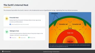 The Earth's Internal Heat
The immense heat within the Earth's interior is the fundamental source of geothermal energy, originating from two distinct processes.
Primordial Heat
Residual heat from the planet's formation billions of years ago during
accretion and differentiation.
Slowly dissipating from the core and mantle.
Radiogenic Heat
Continuously generated by radioactive decay of long-lived isotopes in the
isotopes in the Earth's crust and mantle.
Uranium (U) Thorium (Th) Potassium (K)
This constant internal heating drives convection currents within the mantle, transferring heat towards
the surface and creating geothermal resources.
Taif University Geothermal Energy Transformation
 