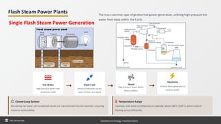 Flash Steam Power Plants The most common type of geothermal power generation, utilizing high-pressure hot
water from deep within the Earth.
Hot Water
High-pressure water from
production wells
Flash Tank
Pressure reduction causes
water to flash into steam
Steam
High-pressure steam drives
drives turbines
Electricity
Turbine drives generator to
produce power
Closed-Loop System
Remaining hot water and condensed steam are injected back into the reservoir, ensuring
resource sustainability.
Temperature Range
Operates with water at temperatures typically above 180°C (356°F), where natural
flashing occurs efficiently.
Taif University Geothermal Energy Transformation
Single Flash Steam Power Generation
 