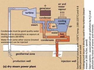 Condensate must be good quality water
Mostly lost to atmosphere as vapours at
cooling towers (60-80%)
Water from some other source (treated
wastewater) can be injected
Geothermalsourceswith>150°Ctemp.(180-225°C)and4-8
MPapressureareused
Undergroundsteamisdirectlyusedintheturbines(steam
movesat200m/Sec.speed)
Opensystems-associatedwithairpollutionbyH2Sand
pollutionbytracesofarsenicandminerals
 