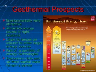 Geothermal ProspectsGeothermal Prospects
 Environmentally veryEnvironmentally very
attractiveattractive
 Attractive energyAttractive energy
source in rightsource in right
locationslocations
 Likely to remain anLikely to remain an
adjunct to other largeradjunct to other larger
energy sourcesenergy sources
 Part of a portfolio ofPart of a portfolio of
energy technologiesenergy technologies
 Exploration risks andExploration risks and
up-front capital costsup-front capital costs
remain a barrierremain a barrier
[7]
 