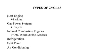 TYPES OF CYCLES
Heat Engine
Rankine
Gas Power Systems
 Brayton
Internal Combustion Engines
 Otto, Diesel,Stirling, Atckison
Refrigeration
Heat Pump
Air Conditioning
 