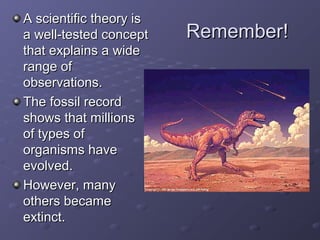 RReemmeemmbbeerr!! AA sscciieennttiiffiicc tthheeoorryy iiss 
aa wweellll--tteesstteedd ccoonncceepptt 
tthhaatt eexxppllaaiinnss aa wwiiddee 
rraannggee ooff 
oobbsseerrvvaattiioonnss.. 
TThhee ffoossssiill rreeccoorrdd 
sshhoowwss tthhaatt mmiilllliioonnss 
ooff ttyyppeess ooff 
oorrggaanniissmmss hhaavvee 
eevvoollvveedd.. 
HHoowweevveerr,, mmaannyy 
ootthheerrss bbeeccaammee 
eexxttiinncctt.. 
 
