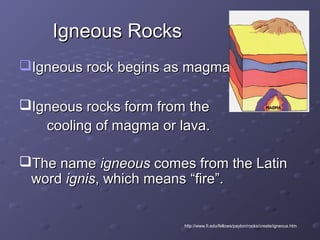 IIggnneeoouuss RRoocckkss 
IIggnneeoouuss rroocckk bbeeggiinnss aass mmaaggmmaa.. 
IIggnneeoouuss rroocckkss ffoorrmm ffrroomm tthhee 
ccoooolliinngg ooff mmaaggmmaa oorr llaavvaa.. 
TThhee nnaammee iiggnneeoouuss ccoommeess ffrroomm tthhee LLaattiinn 
wwoorrdd iiggnniiss,, wwhhiicchh mmeeaannss ““ffiirree””.. 
http://www.fi.edu/fellows/payton/rocks/create/igneous.htm 
 