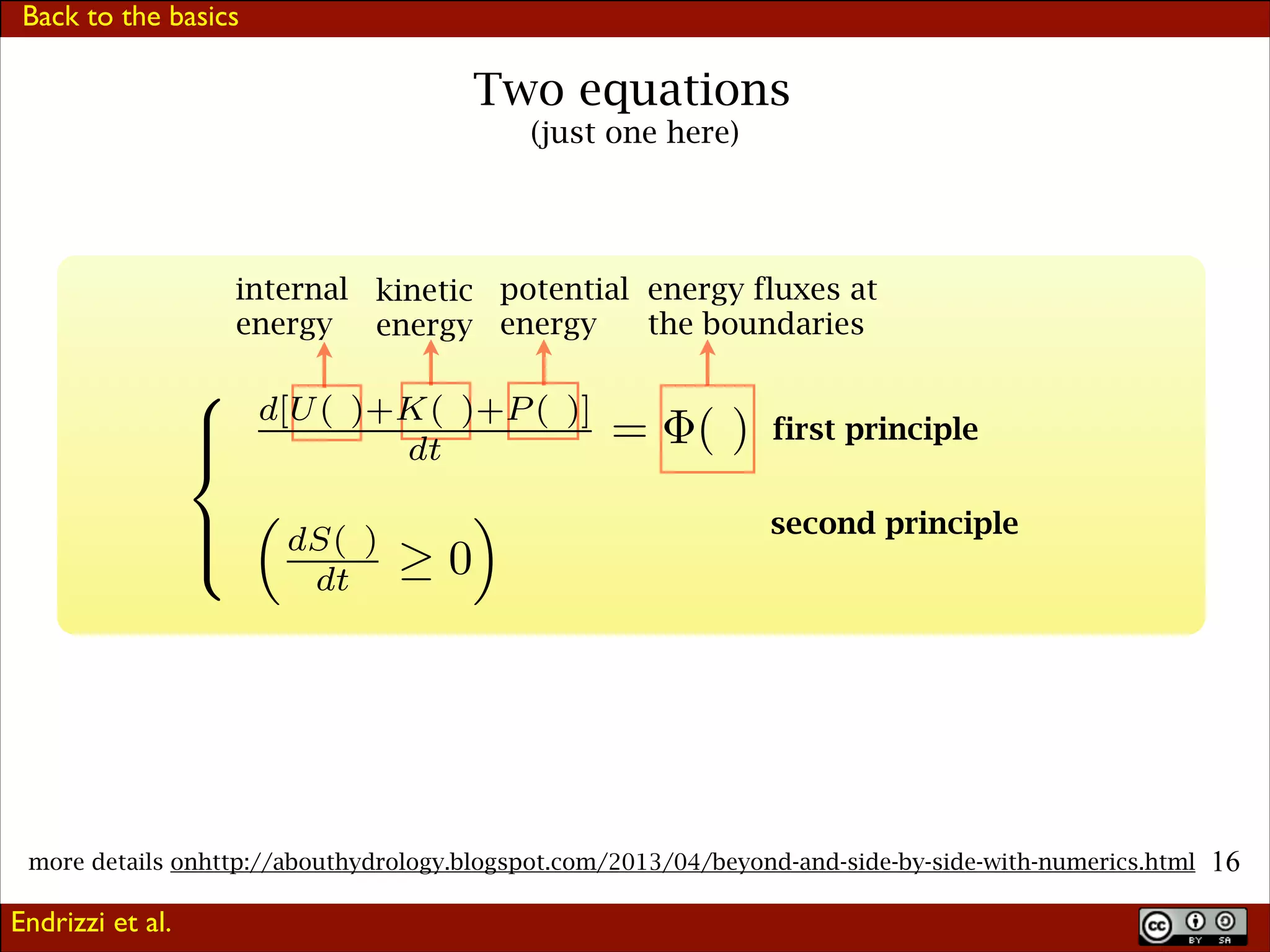 Back to the basics

Two equations
(just one here)

internal kinetic potential energy fluxes at
energy energy energy
the boundaries
first principle
second principle

more details onhttp://abouthydrology.blogspot.com/2013/04/beyond-and-side-by-side-with-numerics.html

Endrizzi et al.

!16

 