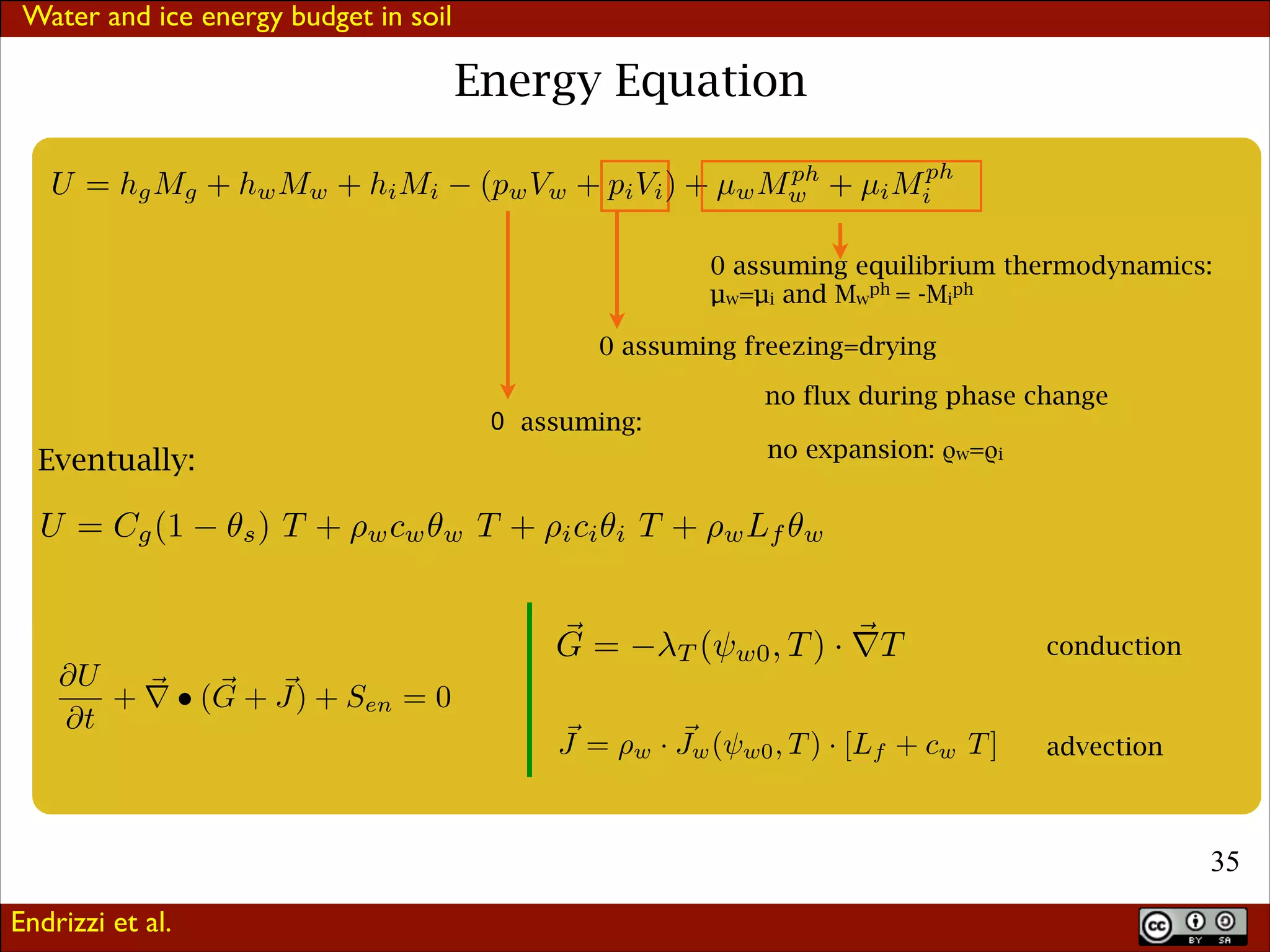 Water and ice energy budget in soil

Energy Equation
ph
(pw Vw + pi Vi ) + µw Mw + µi Miph

U = hg Mg + hw Mw + hi Mi

0 assuming equilibrium thermodynamics:
µw=µi and Mwph = -Miph
0 assuming freezing=drying
0 assuming:

Eventually:

U = Cg (1

s)

T + ⇥w cw

w

U
⌥
⌥
⌥
+ ⇥ • (G + J) + Sen = 0
t

T + ⇥i ci

i

no expansion: ρw=ρi

T + ⇥w Lf

⌃
G=
J=

no flux during phase change

w

T (⇥w0 , T )

w

⌃
· ⇤T

· Jw (⇥w0 , T ) · [Lf + cw T ]

conduction

advection

!35
Endrizzi et al.

 