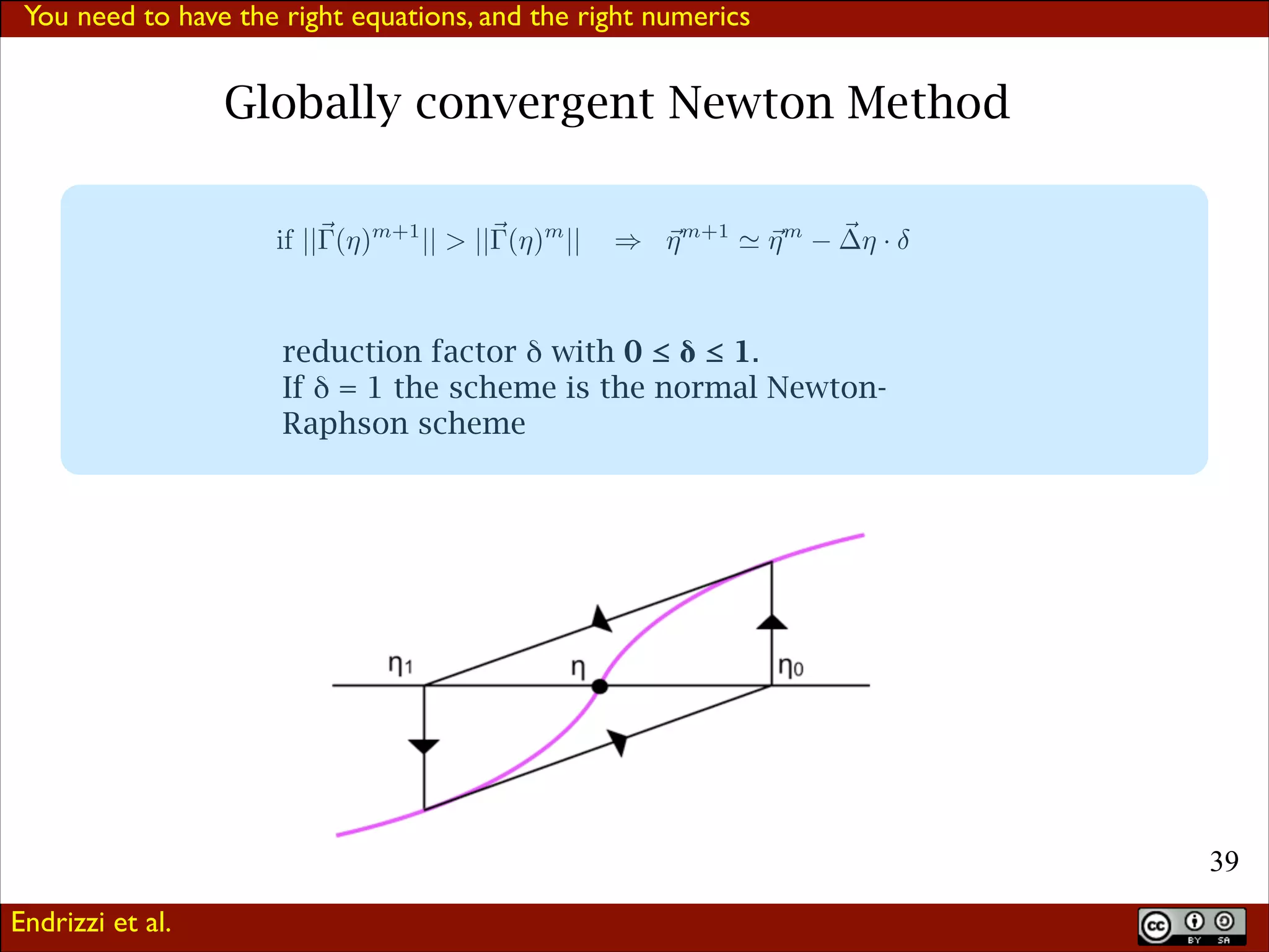 You need to have the right equations, and the right numerics

Globally convergent Newton Method
if ||⌅ (⇥)m+1 || > ||⌅ (⇥)m ||

⌅ ⌅ m+1 ⇤ ⌅ m
⇥
⇥

⌅
⇥⇥ ·

reduction factor δ with 0 ≤ δ ≤ 1.
If δ = 1 the scheme is the normal NewtonRaphson scheme

!39
Endrizzi et al.

 