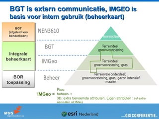 BGT is extern communicatie, IMGEO is
 basis voor intern gebruik (beheerkaart)
      BGT
       BGT
 (afgeleid van
  (afgeleid van
 beheerkaart)
  beheerkaart)




 Integrale
  Integrale
beheerkaart
beheerkaart


   BOR
toepassing
                            BGT +
                            Plus-
                  IMGeo =   beheer- +
                            3D, extra benoemde attributen, Eigen attributen : (of extra
                            aanvullen uit IMxx)
 