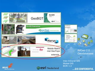 GeoBGT




         Mobile Matrix
         met GeoTopo                     IMGeo 2.0
             extensie                    Geodatabase

                         Inter-/Intranet GIS
                         Mobiel GIS
                         BOR / LV
 