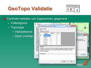GeoTopo Validatie
Controle/validatie van ingewonnen gegevens
– Volledigheid
– Topologie
• Vlakdekkend
• Geen overlap
 