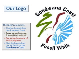Our Logo
The logo’s elements:-
 Circular shape defines
the Gondwana Coast
 Green symbolises many
& varied National Parks
 Red symbolises route of
Princes Highway
 Blue shell symbolises
marine fossils on the
 
