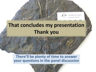 That concludes my presentation
Thank you
There’ll be plenty of time to answer
your questions in the panel discussion
 