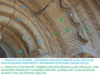 a

          1                             d

                                            2             c
                                    c
                        b
              a
1.- ARQUIVOLTA INTERNA , DECORADA CON DOS BANDAS (a) DE CÍRCULOS
CON INCISIONES RADIANTES Y SEPARADAS POR DOBLE BAQUETÓN (b).
2.- ARQUIVOLTA EXTERIOR, TAMBIÉN CON DOS BANDAS (c) DE CÍRCULOS CON
INCISIONES RADIALES Y LA BANDA CENTRAL (d) BISELADA Y CON HOJAS DE
ACANTO CON LAS PUNTAS VUELTAS.
 