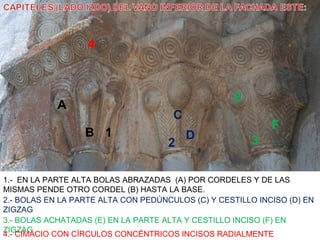 4



                                                   E
            A
                                      C
                                                            F
                  B 1                     D
                                     2                 3


1.- EN LA PARTE ALTA BOLAS ABRAZADAS (A) POR CORDELES Y DE LAS
MISMAS PENDE OTRO CORDEL (B) HASTA LA BASE.
2.- BOLAS EN LA PARTE ALTA CON PEDÚNCULOS (C) Y CESTILLO INCISO (D) EN
ZIGZAG
3.- BOLAS ACHATADAS (E) EN LA PARTE ALTA Y CESTILLO INCISO (F) EN
ZIGZAG.
4.- CIMACIO CON CÍRCULOS CONCÉNTRICOS INCISOS RADIALMENTE
 