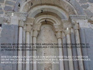 4         3

                             2
       2
                                 1

                                                 1



ARCO DE MEDIO PUNTO CON TRES ARQUIVOLTAS: (1) DOBLE BAQUETÓN, (2)
BISELADA Y SIN DECORAR, (3) BISELADA Y DECORADA CON CESTADO INCISO,
(4) TRASDÓS SIN DECORACIÓN.

SEIS COLUMNAS CON CAPITELES CON MOTIVOS VEGETALES (1) Y MOTIVOS
GEOMÉTRICOS EN EL RESTO, REPETITIVOS EN EL ROMÁNICO CUARTANGUÉS.
IMPOSTA (2) CON HOJAS VEGETALES VERTICALES.
 