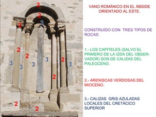 2            VANO ROMÁNICO EN EL ÁBSIDE
                                 ORIENTADO AL ESTE.
                2
    2       1       1   1   CONSTRUÍDO CON TRES TIPOS DE
                            ROCAS:



2                   1       1.- LOS CAPITELES (SALVO EL
                            PRIMERO DE LA IZDA DEL OBSER-
        2
                        2   VADOR) SON DE CALIZAS DEL
                            PALEOCENO.


                    2       2.- ARENISCAS VERDOSAS DEL
                            MIOCENO.


                            3.- CALIZAS GRIS AZULADAS
2                           LOCALES DEL CRETÁCICO
                2           SUPERIOR
 