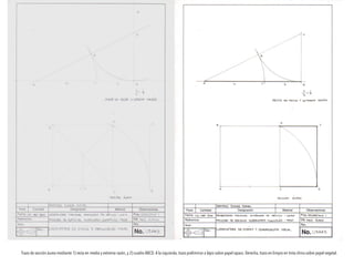 Trazo de sección áurea mediante 1) recta en media y extrema razón, y 2) cuadro ABCD. A la izquierda, trazo preliminar a lápiz sobre papel opaco. Derecha, trazo en limpio en tinta china sobre papel vegetal.