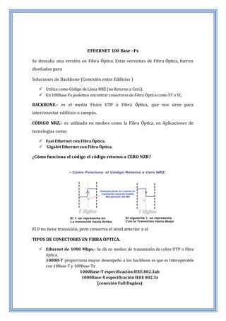 ETHERNET 100 Base –Fx
Se deseaba una versión en Fibra Óptica. Estas versiones de Fibra Óptica, fueron
diseñadas para
Soluciones de Backbone (Conexión entre Edificios )
 Utiliza como Código de Línea NRZ (no Retorno a Cero).
 En 100Base Fx podemos encontrar conectores de Fibra Óptica como ST o SC.
BACKBONE.- es el medio Físico UTP o Fibra Óptica, que nos sirve para
interconectar edificios o campús.
CÓDIGO NRZ.- es utilizado en medios como la Fibra Óptica, en Aplicaciones de
tecnologías como:
 Fast Ethernet con Fibra Óptica.
 Gigabit Ethernet con Fibra Óptica.
¿Cómo funciona el código el código retorno a CERO NZR?
El 0 no tiene transición, pero conserva el nivel anterior a el
TIPOS DE CONECTORES EN FIBRA ÓPTICA.
 Ethernet de 1000 Mbps.- Se dà en medios de transmisión de cobre UTP o fibra
óptica.
1000B-T proporciona mayor desempeño a los backbone es que es Interoperable
con 10Base-T y 100Base-Tx
1000Base-T especificación IEEE 802.3ab
1000Base-X especificación IEEE 802.3z
(conexión Full Duplex)
 