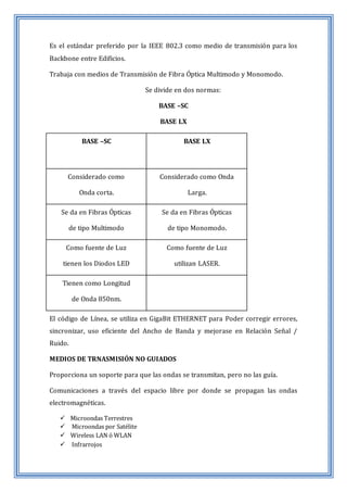Es el estándar preferido por la IEEE 802.3 como medio de transmisión para los
Backbone entre Edificios.
Trabaja con medios de Transmisión de Fibra Óptica Multimodo y Monomodo.
Se divide en dos normas:
BASE –SC
BASE LX
BASE –SC BASE LX
Considerado como
Onda corta.
Considerado como Onda
Larga.
Se da en Fibras Ópticas
de tipo Multimodo
Se da en Fibras Ópticas
de tipo Monomodo.
Como fuente de Luz
tienen los Diodos LED
Como fuente de Luz
utilizan LASER.
Tienen como Longitud
de Onda 850nm.
El código de Línea, se utiliza en GigaBit ETHERNET para Poder corregir errores,
sincronizar, uso eficiente del Ancho de Banda y mejorase en Relación Señal /
Ruido.
MEDIOS DE TRNASMISIÓN NO GUIADOS
Proporciona un soporte para que las ondas se transmitan, pero no las guía.
Comunicaciones a través del espacio libre por donde se propagan las ondas
electromagnéticas.
 Microondas Terrestres
 Microondas por Satélite
 Wireless LAN ó WLAN
 Infrarrojos
 