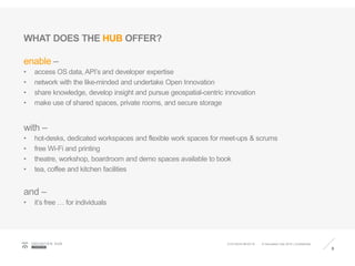 WHAT DOES THE HUB OFFER?
enable –
• access OS data, API’s and developer expertise
• network with the like-minded and undertake Open Innovation
• share knowledge, develop insight and pursue geospatial-centric innovation
• make use of shared spaces, private rooms, and secure storage
with –
• hot-desks, dedicated workspaces and flexible work spaces for meet-ups & scrums
• free Wi-Fi and printing
• theatre, workshop, boardroom and demo spaces available to book
• tea, coffee and kitchen facilities
and –
• it’s free … for individuals
6
GEOVATIO N HUB
LONDON
© Geovation Hub 2015 | Confidential21/01/2016 08:40:18
 