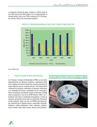 Informe Nacional GEO Venezuela. CAPITULO II

La producción nacional de papel, cartulinas y cartones desde el
año 1998 hasta el año 2003 (gráfico II.4), ha experimentado un
evidente declive. Para el año 1998 se producían 637.196 toneladas métricas (TM) de los mencionados productos.
GRAFICO II.4. PRODUCCIÓN NACIONAL DE PULPA, PAPEL, CARTON Y FIBRAS 2000-2006

Fuente: MPPpA, 2007

•	

Productos Forestales No Maderables del Bosque.

Los Productos Forestales No Maderables (PFNM), no han tenido
tradicionalmente una definición específica y significativa dentro
de los renglones del sector forestal como recursos productivos de
mayor relevancia para la economía del país. Esta denominación
comprende los productos maderables de pequeñas dimensiones
y no maderables del bosque; actualmente se han comenzado a
definir instrumentos que permitan recabar información confiable
sobre la producción y uso de los PFNM (Briceño, 2005). La información sobre ellos es recolectada principalmente, a través de
relaciones quincenales de las guías de movilización (transporte)
de tales productos. Según sus usos, los PFNM de Venezuela pueden clasificarse de la siguiente manera: combustible, artesanías,
alimentos y aditivos alimentarios, fibras, medicinas, semillas y
nueces, forrajes, frutos, látex y resinas, taninos y fauna silvestre.

67

Foto 20. Artesanía autóctona de waraos en la Reserva de Biosfera Delta del Orinoco. Oficina de Diversidad Biológica, MPPpA.

 