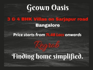 Geown Oasis
3 & 4 BHK Villas on Sarjapur road
Bangalore
Price starts from 71.48 Lacs onwards
Regrob
Finding home simplified.
 