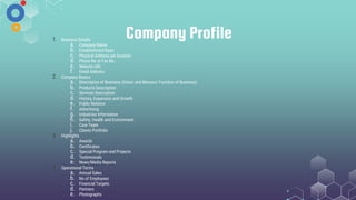 Company Profile
1. Business Details
a. Company Name
b. Establishment Days
c. Physical Address per location
d. Phone No or Fax No.
e. Website URL
f. Email Address
2. Company Basics
a. Description of Business (Vision and Mission/ Function of Business)
b. Products Description
c. Services Description
d. History, Expansion and Growth
e. Public Relation
f. Advertising
g. Industries Information
h. Safety, Health and Environment
i. Core Team
j. Clients Portfolio
3. Highlights
a. Awards
b. Certificates
c. Special Program and Projects
d. Testimonials
e. News/Media Reports
4. Operational Terms
a. Annual Sales
b. No of Employees
c. Financial Targets
d. Partners
e. Photographs
 